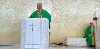 El padre Juan Solana, durante la homilía de la misa celebrada este martes en la Universidad Francisco de Vitoria.