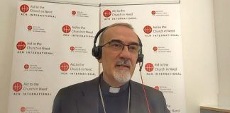 El cardenal Pizzaballa, patriarca latino de Jerusalén, durante la rueda de prensa que acogió este viernes Ayuda a la Iglesia Necesitada.