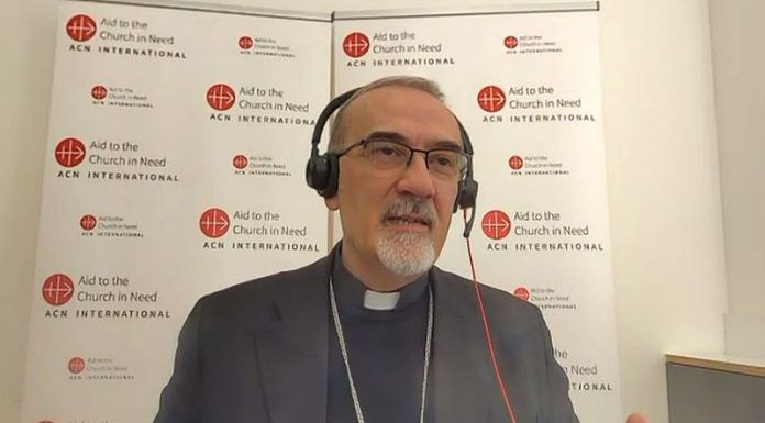 El cardenal Pizzaballa, patriarca latino de Jerusalén, durante la rueda de prensa que acogió este viernes Ayuda a la Iglesia Necesitada.