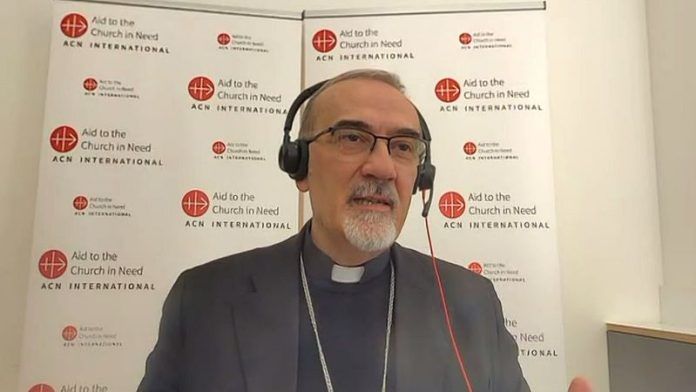 El cardenal Pizzaballa, patriarca latino de Jerusalén, durante la rueda de prensa que acogió este viernes Ayuda a la Iglesia Necesitada.